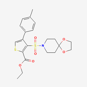 molecular formula C21H25NO6S2 B2708312 Ethyl 3-(1,4-dioxa-8-azaspiro[4.5]dec-8-ylsulfonyl)-4-(4-methylphenyl)thiophene-2-carboxylate CAS No. 946235-20-7