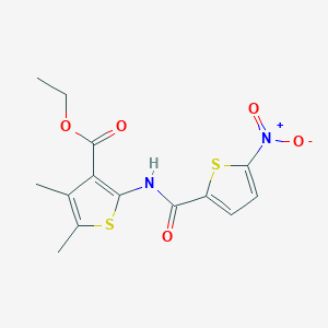 molecular formula C14H14N2O5S2 B2708331 乙酸-4,5-二甲基-2-(5-硝基噻吩-2-甲酰氨基)噻吩-3-甲酸酯 CAS No. 391867-05-3