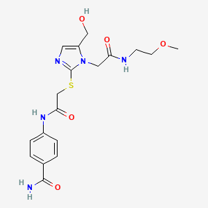 molecular formula C18H23N5O5S B2708356 4-(2-((5-(hydroxymethyl)-1-(2-((2-methoxyethyl)amino)-2-oxoethyl)-1H-imidazol-2-yl)thio)acetamido)benzamide CAS No. 921820-44-2