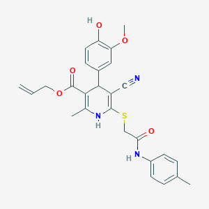 molecular formula C27H27N3O5S B2708376 Allyl 5-cyano-4-(4-hydroxy-3-methoxyphenyl)-2-methyl-6-((2-oxo-2-(p-tolylamino)ethyl)thio)-1,4-dihydropyridine-3-carboxylate CAS No. 442556-39-0