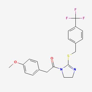 molecular formula C20H19F3N2O2S B2708522 2-(4-methoxyphenyl)-1-(2-((4-(trifluoromethyl)benzyl)thio)-4,5-dihydro-1H-imidazol-1-yl)ethanone CAS No. 851806-37-6