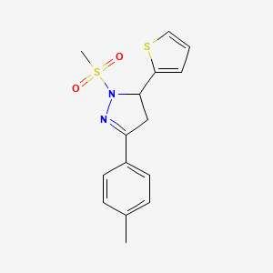 molecular formula C15H16N2O2S2 B2708640 5-(4-甲基苯基)-2-甲磺酰-3-噻吩-2-基-3,4-二氢吡唑 CAS No. 497247-32-2
