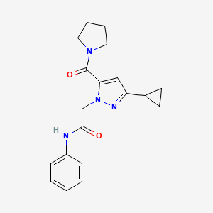 molecular formula C19H22N4O2 B2708654 2-[3-cyclopropyl-5-(1-pyrrolidinylcarbonyl)-1H-pyrazol-1-yl]-N~1~-phenylacetamide CAS No. 1251621-98-3