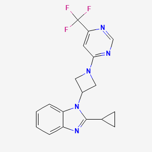 molecular formula C18H16F3N5 B2708729 2-Cyclopropyl-1-[1-[6-(trifluoromethyl)pyrimidin-4-yl]azetidin-3-yl]benzimidazole CAS No. 2380056-99-3