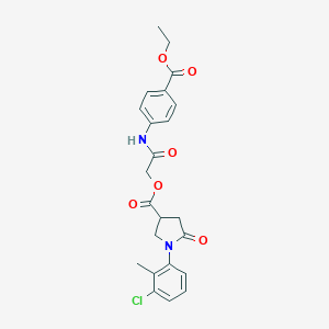 molecular formula C23H23ClN2O6 B270874 2-[4-(Ethoxycarbonyl)anilino]-2-oxoethyl 1-(3-chloro-2-methylphenyl)-5-oxo-3-pyrrolidinecarboxylate 