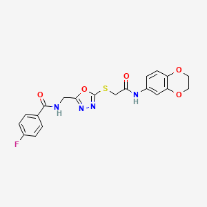 molecular formula C20H17FN4O5S B2708783 N-((5-((2-((2,3-二氢苯并[b][1,4]二氧杂环己烷-6-基)氨基)-2-氧代乙基)硫代)-1,3,4-噁二唑-2-基)甲基)-4-氟苯甲酰胺 CAS No. 872614-01-2
