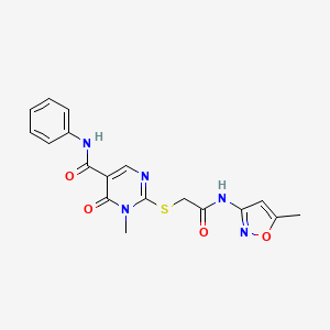 molecular formula C18H17N5O4S B2708796 1-methyl-2-((2-((5-methylisoxazol-3-yl)amino)-2-oxoethyl)thio)-6-oxo-N-phenyl-1,6-dihydropyrimidine-5-carboxamide CAS No. 894052-65-4