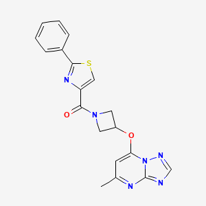 molecular formula C19H16N6O2S B2708877 4-[3-({5-Methyl-[1,2,4]triazolo[1,5-a]pyrimidin-7-yl}oxy)azetidine-1-carbonyl]-2-phenyl-1,3-thiazole CAS No. 2097872-13-2