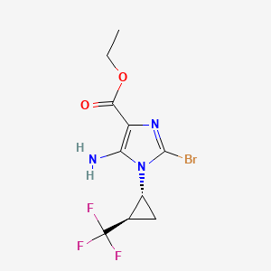 molecular formula C10H11BrF3N3O2 B2708932 Ethyl 5-amino-2-bromo-1-[(1R,2R)-2-(trifluoromethyl)cyclopropyl]imidazole-4-carboxylate CAS No. 2187426-88-4