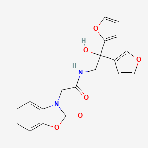 molecular formula C19H16N2O6 B2708997 N-(2-(呋喃-2-基)-2-(呋喃-3-基)-2-羟基乙基)-2-(2-氧代苯并[d]噁唑-3(2H)-基)乙酰胺 CAS No. 2034258-32-5