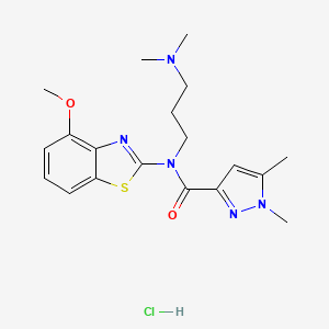 molecular formula C19H26ClN5O2S B2709045 N-(3-(dimethylamino)propyl)-N-(4-methoxybenzo[d]thiazol-2-yl)-1,5-dimethyl-1H-pyrazole-3-carboxamide hydrochloride CAS No. 1216752-56-5