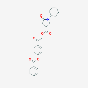 molecular formula C27H29NO6 B270907 2-{4-[(4-Methylbenzoyl)oxy]phenyl}-2-oxoethyl 1-cyclohexyl-5-oxo-3-pyrrolidinecarboxylate 
