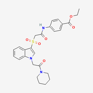 molecular formula C26H29N3O6S B2709073 乙酸-4-(2-((1-(2-氧代-2-(哌啶-1-基)乙基)-1H-吲哚-3-基)磺酰)乙酰氨基)苯甲酸乙酯 CAS No. 878057-39-7