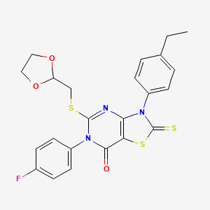 molecular formula C23H20FN3O3S3 B2709125 5-(1,3-Dioxolan-2-ylmethylsulfanyl)-3-(4-ethylphenyl)-6-(4-fluorophenyl)-2-sulfanylidene-[1,3]thiazolo[4,5-d]pyrimidin-7-one CAS No. 422299-33-0