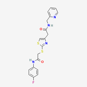 molecular formula C19H17FN4O2S2 B2709147 N-(4-fluorophenyl)-2-((4-(2-oxo-2-((pyridin-2-ylmethyl)amino)ethyl)thiazol-2-yl)thio)acetamide CAS No. 941921-67-1