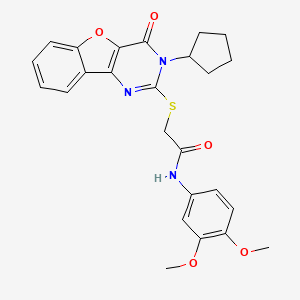 molecular formula C25H25N3O5S B2709203 2-[(3-cyclopentyl-4-oxo-3,4-dihydro[1]benzofuro[3,2-d]pyrimidin-2-yl)sulfanyl]-N-(3,4-dimethoxyphenyl)acetamide CAS No. 899742-47-3