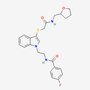 molecular formula C24H26FN3O3S B2709242 4-fluoro-N-(2-(3-((2-oxo-2-(((tetrahydrofuran-2-yl)methyl)amino)ethyl)thio)-1H-indol-1-yl)ethyl)benzamide CAS No. 862825-97-6