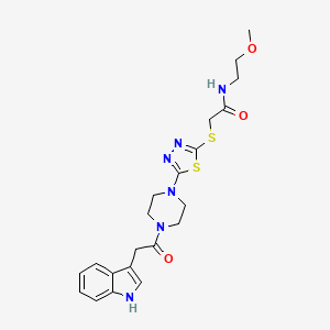 molecular formula C21H26N6O3S2 B2709264 2-((5-(4-(2-(1H-indol-3-yl)acetyl)piperazin-1-yl)-1,3,4-thiadiazol-2-yl)thio)-N-(2-methoxyethyl)acetamide CAS No. 1105227-84-6