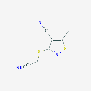 molecular formula C7H5N3S2 B2709273 3-[(Cyanomethyl)sulfanyl]-5-methyl-4-isothiazolecarbonitrile CAS No. 338778-08-8