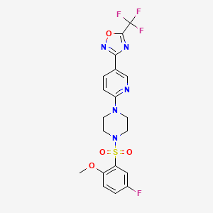 molecular formula C19H17F4N5O4S B2709298 3-(6-(4-((5-Fluoro-2-methoxyphenyl)sulfonyl)piperazin-1-yl)pyridin-3-yl)-5-(trifluoromethyl)-1,2,4-oxadiazole CAS No. 1421472-61-8