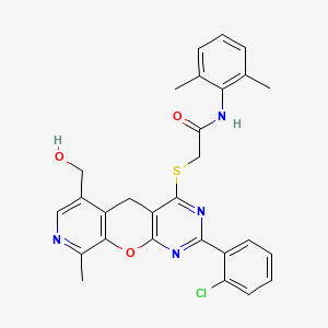 molecular formula C28H25ClN4O3S B2709416 2-((2-(2-chlorophenyl)-6-(hydroxymethyl)-9-methyl-5H-pyrido[4',3':5,6]pyrano[2,3-d]pyrimidin-4-yl)thio)-N-(2,6-dimethylphenyl)acetamide CAS No. 867040-71-9