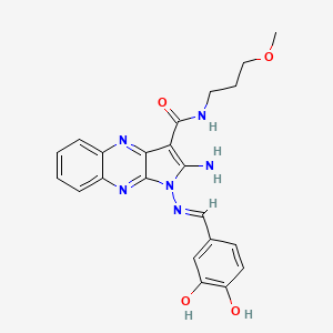 molecular formula C22H22N6O4 B2709611 (E)-2-氨基-1-((3,4-二羟基苯甲亚甲基)氨基)-N-(3-甲氧基丙基)-1H-吡咯并[2,3-b]喹噁啉-3-甲酰胺 CAS No. 840457-44-5