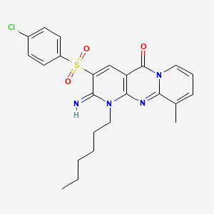 molecular formula C24H25ClN4O3S B2709617 5-(4-chlorophenyl)sulfonyl-7-hexyl-6-imino-11-methyl-1,7,9-triazatricyclo[8.4.0.03,8]tetradeca-3(8),4,9,11,13-pentaen-2-one CAS No. 608106-68-9