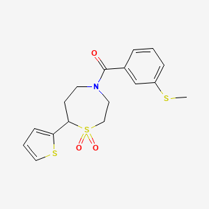 molecular formula C17H19NO3S3 B2709624 (1,1-Dioxido-7-(thiophen-2-yl)-1,4-thiazepan-4-yl)(3-(methylthio)phenyl)methanone CAS No. 2034381-97-8