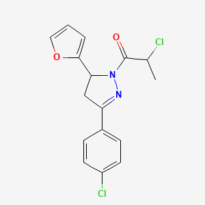 molecular formula C16H14Cl2N2O2 B2709644 2-氯-1-[3-(4-氯苯基)-5-(呋喃-2-基)-4,5-二氢-1H-吡唑-1-基]丙酮 CAS No. 750598-96-0