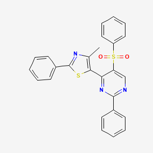 molecular formula C26H19N3O2S2 B2709662 4-(4-Methyl-2-phenyl-1,3-thiazol-5-yl)-2-phenyl-5-(phenylsulfonyl)pyrimidine CAS No. 866017-80-3