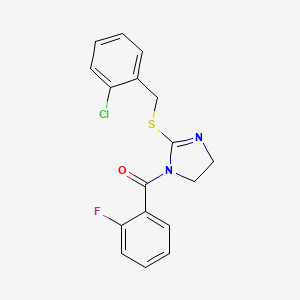 molecular formula C17H14ClFN2OS B2709667 (2-((2-chlorobenzyl)thio)-4,5-dihydro-1H-imidazol-1-yl)(2-fluorophenyl)methanone CAS No. 851804-01-8