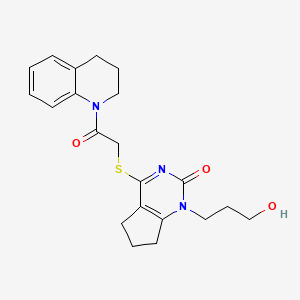 molecular formula C21H25N3O3S B2709670 4-((2-(3,4-dihydroquinolin-1(2H)-yl)-2-oxoethyl)thio)-1-(3-hydroxypropyl)-6,7-dihydro-1H-cyclopenta[d]pyrimidin-2(5H)-one CAS No. 942013-40-3