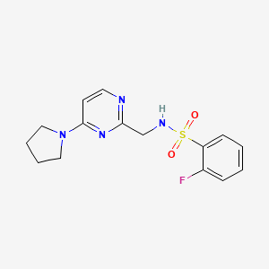 molecular formula C15H17FN4O2S B2709736 2-fluoro-N-((4-(pyrrolidin-1-yl)pyrimidin-2-yl)methyl)benzenesulfonamide CAS No. 1797291-59-8