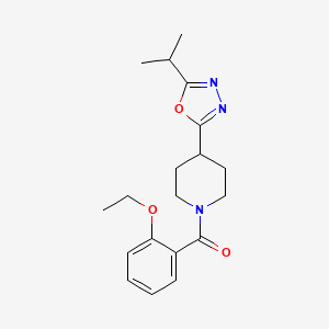 molecular formula C19H25N3O3 B2709768 (2-Ethoxyphenyl)(4-(5-isopropyl-1,3,4-oxadiazol-2-yl)piperidin-1-yl)methanone CAS No. 1211358-34-7