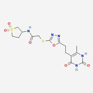 molecular formula C15H19N5O6S2 B2709816 N-(1,1-dioxidotetrahydrothiophen-3-yl)-2-((5-(2-(6-methyl-2,4-dioxo-1,2,3,4-tetrahydropyrimidin-5-yl)ethyl)-1,3,4-oxadiazol-2-yl)thio)acetamide CAS No. 1172422-40-0