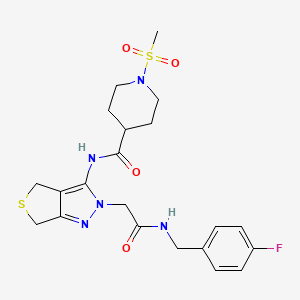 molecular formula C21H26FN5O4S2 B2709838 N-(2-(2-((4-fluorobenzyl)amino)-2-oxoethyl)-4,6-dihydro-2H-thieno[3,4-c]pyrazol-3-yl)-1-(methylsulfonyl)piperidine-4-carboxamide CAS No. 1105219-43-9