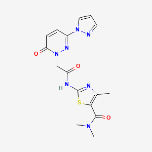 molecular formula C16H17N7O3S B2709854 N,N,4-trimethyl-2-(2-(6-oxo-3-(1H-pyrazol-1-yl)pyridazin-1(6H)-yl)acetamido)thiazole-5-carboxamide CAS No. 1351605-45-2