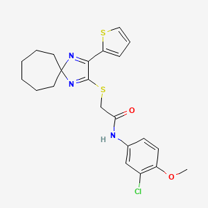 molecular formula C22H24ClN3O2S2 B2709882 N-(3-chloro-4-methoxyphenyl)-2-((3-(thiophen-2-yl)-1,4-diazaspiro[4.6]undeca-1,3-dien-2-yl)thio)acetamide CAS No. 1223955-23-4