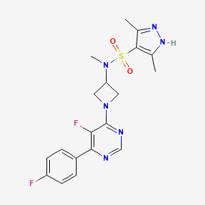 molecular formula C19H20F2N6O2S B2709912 N-[1-[5-Fluoro-6-(4-fluorophenyl)pyrimidin-4-yl]azetidin-3-yl]-N,3,5-trimethyl-1H-pyrazole-4-sulfonamide CAS No. 2379970-30-4