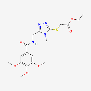 molecular formula C18H24N4O6S B2709936 乙酸2-((4-甲基-5-((3,4,5-三甲氧基苯甲酰胺)甲基)-4H-1,2,4-三唑-3-基硫)乙酯 CAS No. 689747-25-9