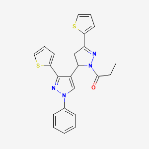 molecular formula C23H20N4OS2 B2709949 1-[1'-phenyl-3',5-bis(thiophen-2-yl)-3,4-dihydro-1'H,2H-[3,4'-bipyrazole]-2-yl]propan-1-one CAS No. 956452-03-2