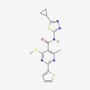 molecular formula C16H15N5OS3 B2710021 N-(5-cyclopropyl-1,3,4-thiadiazol-2-yl)-4-methyl-6-(methylsulfanyl)-2-(thiophen-2-yl)pyrimidine-5-carboxamide CAS No. 1223266-29-2