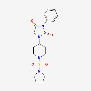 molecular formula C18H24N4O4S B2710039 3-Phenyl-1-(1-(pyrrolidin-1-ylsulfonyl)piperidin-4-yl)imidazolidine-2,4-dione CAS No. 2034279-64-4