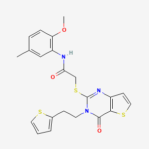 molecular formula C22H21N3O3S3 B2710110 N-(2-methoxy-5-methylphenyl)-2-({4-oxo-3-[2-(thiophen-2-yl)ethyl]-3,4-dihydrothieno[3,2-d]pyrimidin-2-yl}sulfanyl)acetamide CAS No. 1260920-89-5