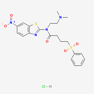 molecular formula C21H25ClN4O5S2 B2710208 N-(2-(dimethylamino)ethyl)-N-(6-nitrobenzo[d]thiazol-2-yl)-4-(phenylsulfonyl)butanamide hydrochloride CAS No. 1215636-27-3