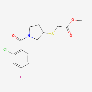 molecular formula C14H15ClFNO3S B2710224 Methyl 2-((1-(2-chloro-4-fluorobenzoyl)pyrrolidin-3-yl)thio)acetate CAS No. 2034607-22-0