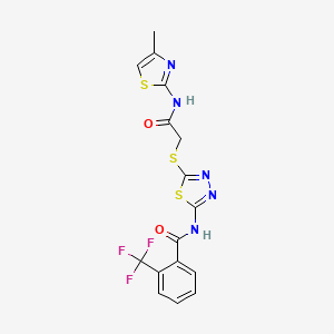 molecular formula C16H12F3N5O2S3 B2710291 N-(5-((2-((4-methylthiazol-2-yl)amino)-2-oxoethyl)thio)-1,3,4-thiadiazol-2-yl)-2-(trifluoromethyl)benzamide CAS No. 868976-09-4