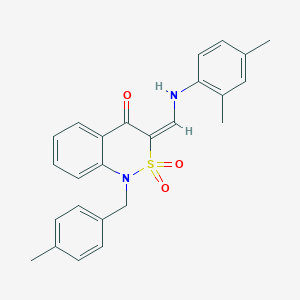 molecular formula C25H24N2O3S B2710394 (3E)-3-{[(2,4-dimethylphenyl)amino]methylene}-1-(4-methylbenzyl)-1H-2,1-benzothiazin-4(3H)-one 2,2-dioxide CAS No. 893311-49-4