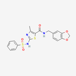 molecular formula C19H17N3O5S2 B2710400 N-(benzo[d][1,3]dioxol-5-ylmethyl)-4-methyl-2-(phenylsulfonamido)thiazole-5-carboxamide CAS No. 941967-04-0