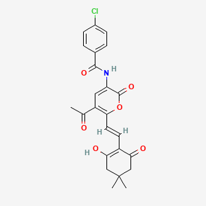 N-{5-acetyl-6-[(E)-2-(2-hydroxy-4,4-dimethyl-6-oxo-1-cyclohexenyl)ethenyl]-2-oxo-2H-pyran-3-yl}-4-chlorobenzenecarboxamide